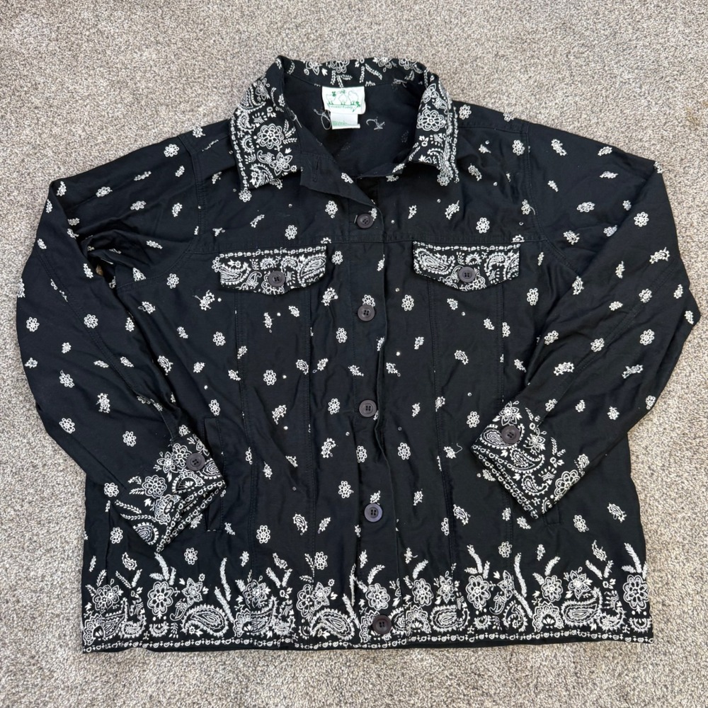 Quacker Factory Black Embroidered Paisley Rhinestone Cotton Jacket Womens Large